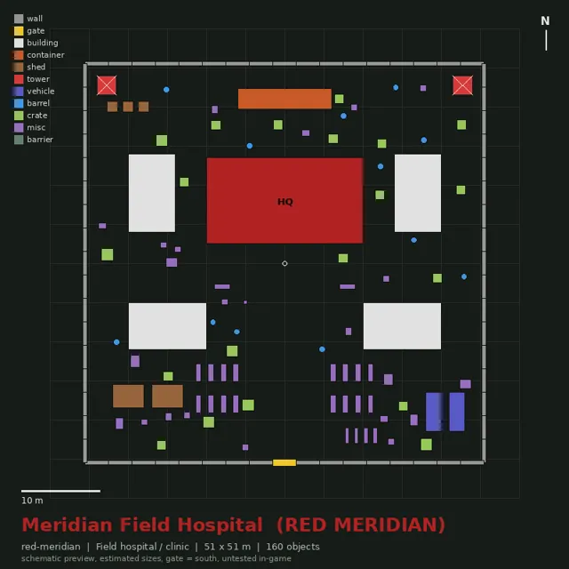 Top-down plan of Meridian Field Hospital